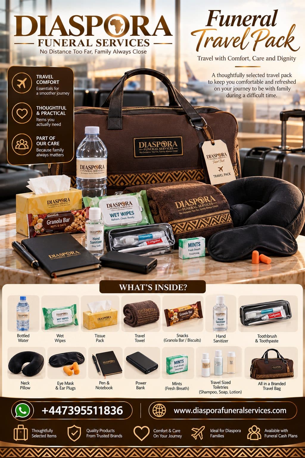 Funeral travel pack — Diaspora Funeral Services brochure
