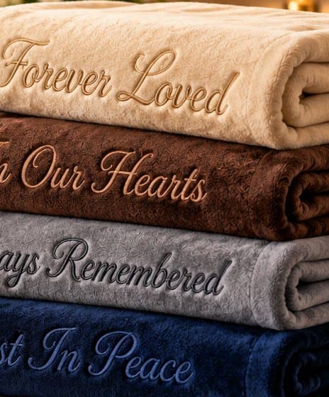 Memorial blankets in cream, brown, grey and navy blue