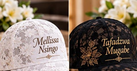White and black lace caps embroidered with names