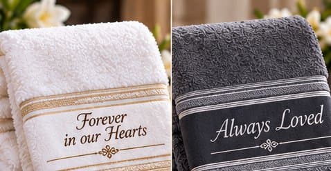 White and grey memorial towels with a printed message