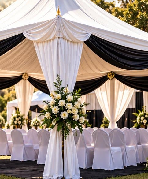 A white and black draped marquee with chairs