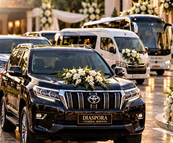 A black Toyota Prado dressed with flowers, with the DFS fleet behind
