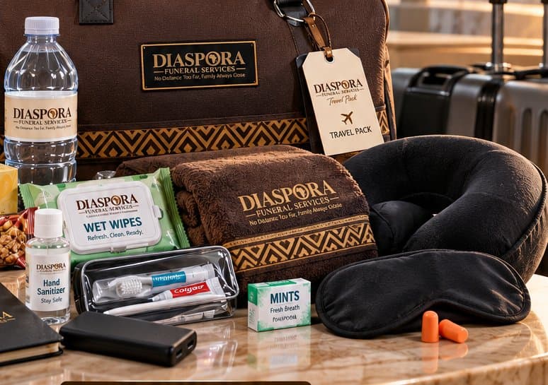 A branded travel bag with travel essentials
