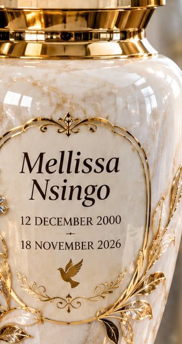 A white and gold urn engraved with a name and dates