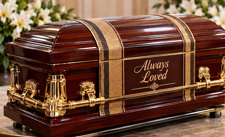 Mahogany casket with a customised stripe reading Always Loved