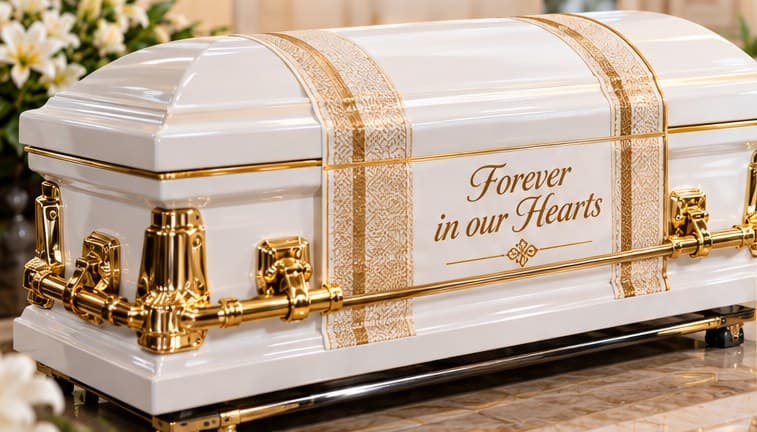 White casket with a customised stripe reading Forever in our Hearts