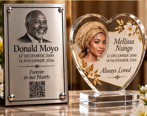 A stainless steel memorial plaque and an acrylic heart plaque